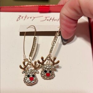 NIB Betsey Johnson Gold and Rhinestone Reindeer Earrings with Red Accents